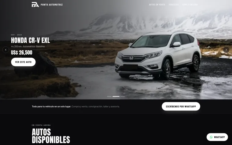 Captura de la web de Punto Automotriz con navegación, catálogo y diseño en blanco y negro