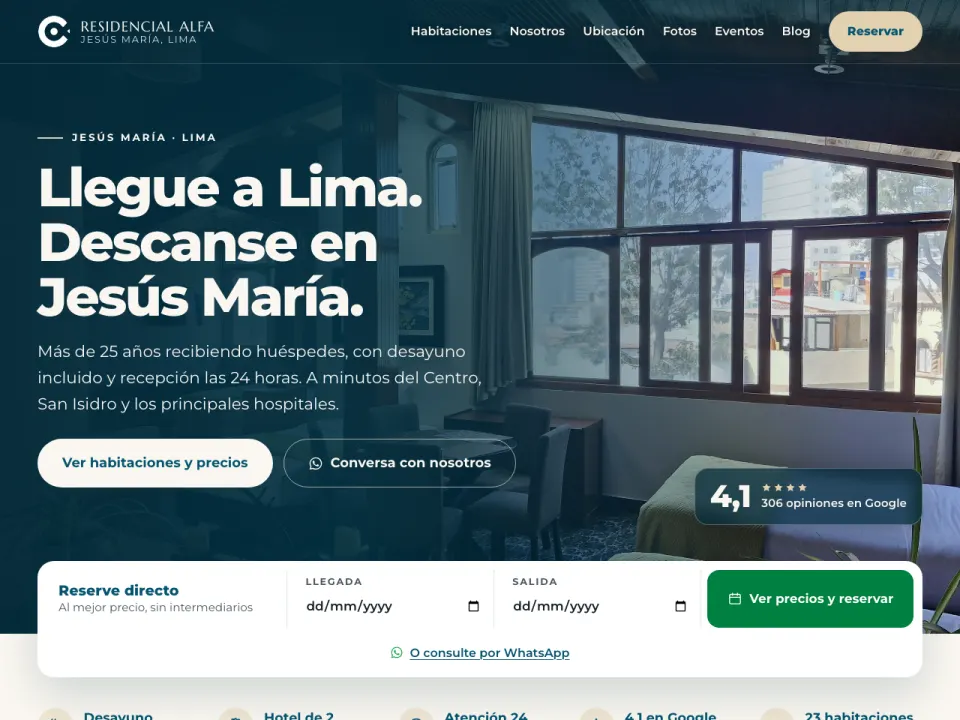 Portada actual de la web del Hotel Residencial Alfa