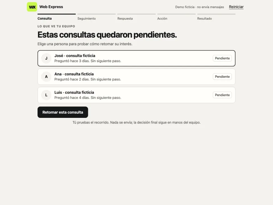 Demo ficticia de seguimiento de consultas comerciales
